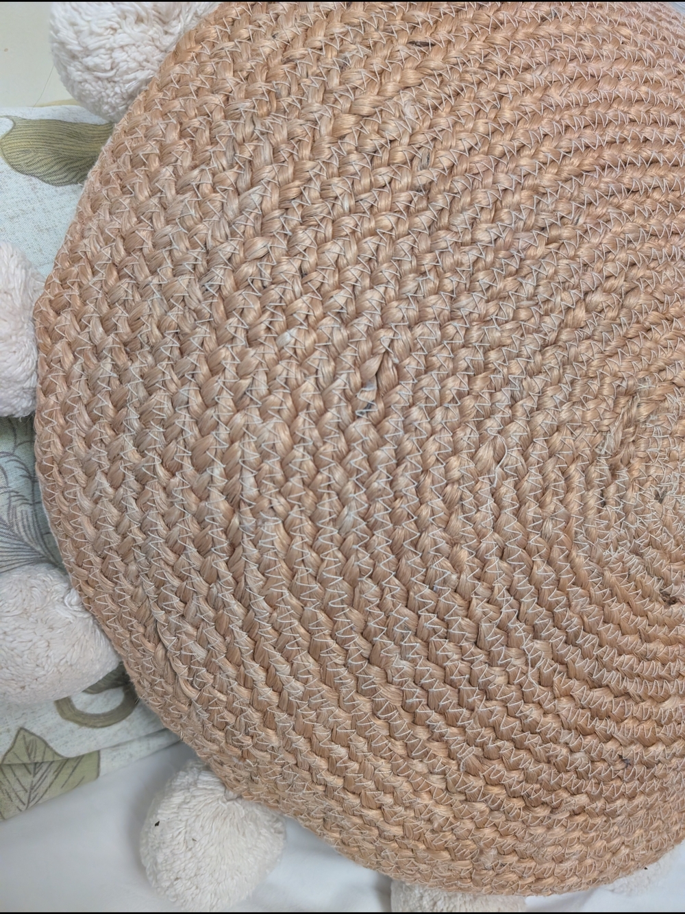 Bohemian Large Round Woven Jute Pillow With Pom Poms - Picture 4 of 13